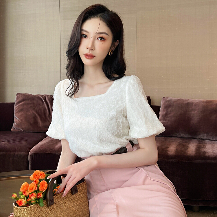 [Hanna Hanna] French Vintage Square Neck Chiffon shirt 2022 summer new careful machine short shirt m10036# XJ