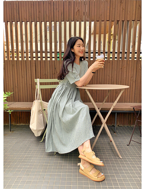 [baerman] round neck bubble Plaid lace up dress a8088# HBx