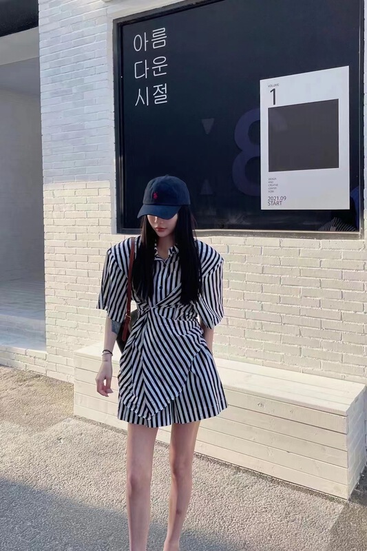 [Zola] striped simple and comfortable shirt + slim casual Shorts Set 3148# LSW