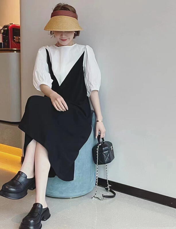 [JH] net red fake two pieces of contrast color Lantern Sleeve Dress 41668# PCZ