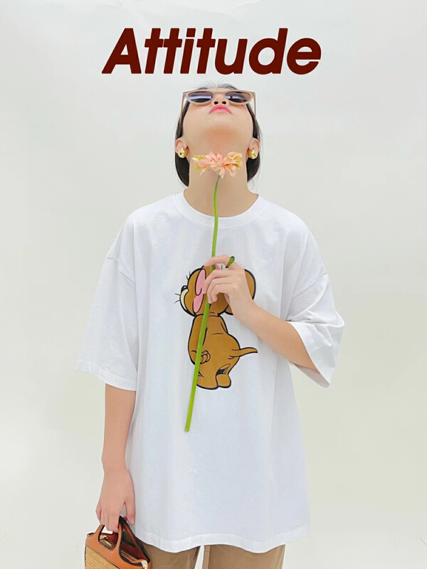 [attitude] crew neck loose Jerry Mouse print short sleeve T-shirt aq4443# ozq