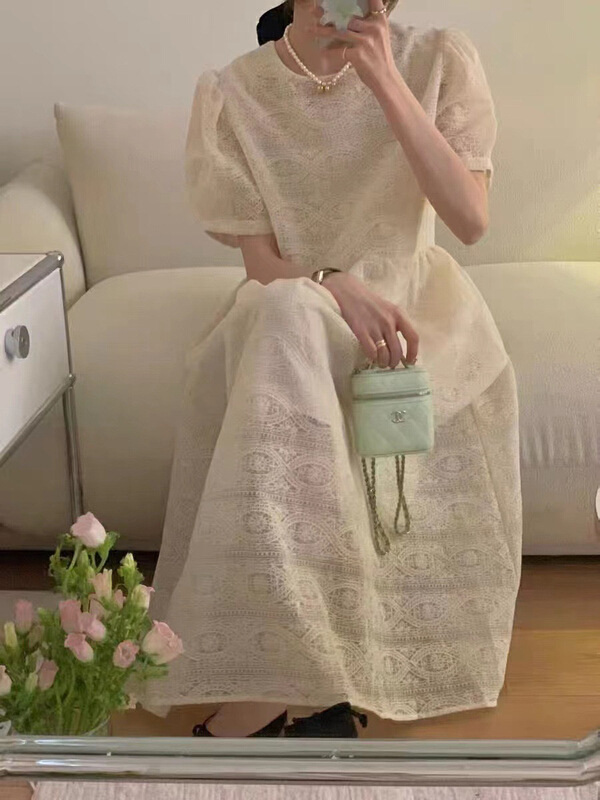 goods in stock! [RS] Korean hook flower texture bubble sleeve long dress dh2125# XYY