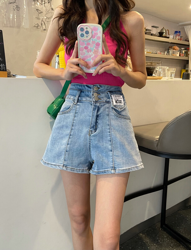 [en Xier] high waist, slim and versatile version a elastic denim shorts k1650# L