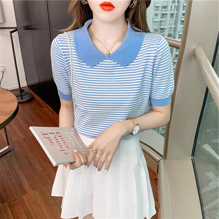 New in early summer! [F.P.] Striped Polo neck short sleeve ice silk sweater hcc036# HBx