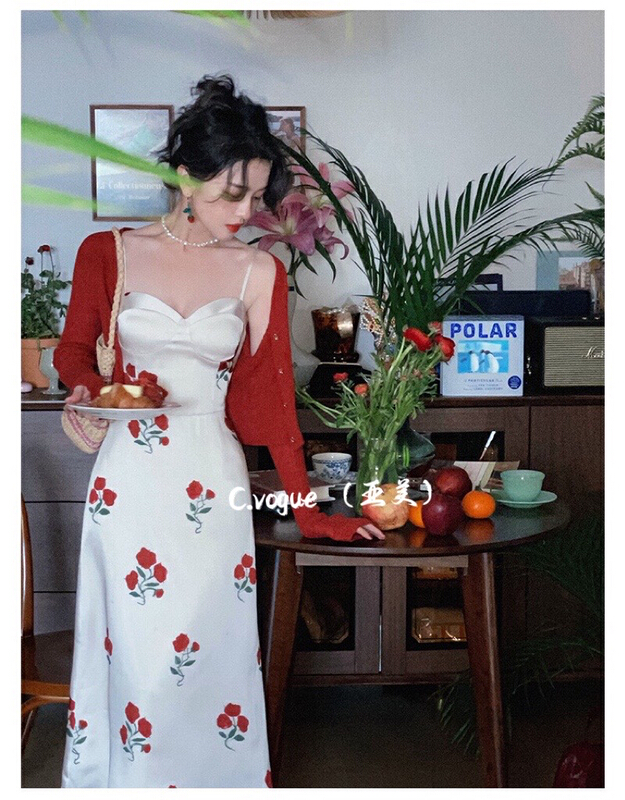 New in early summer! [c.vogue] fashion waist drawstring printed medium length dress 2363# PCZ
