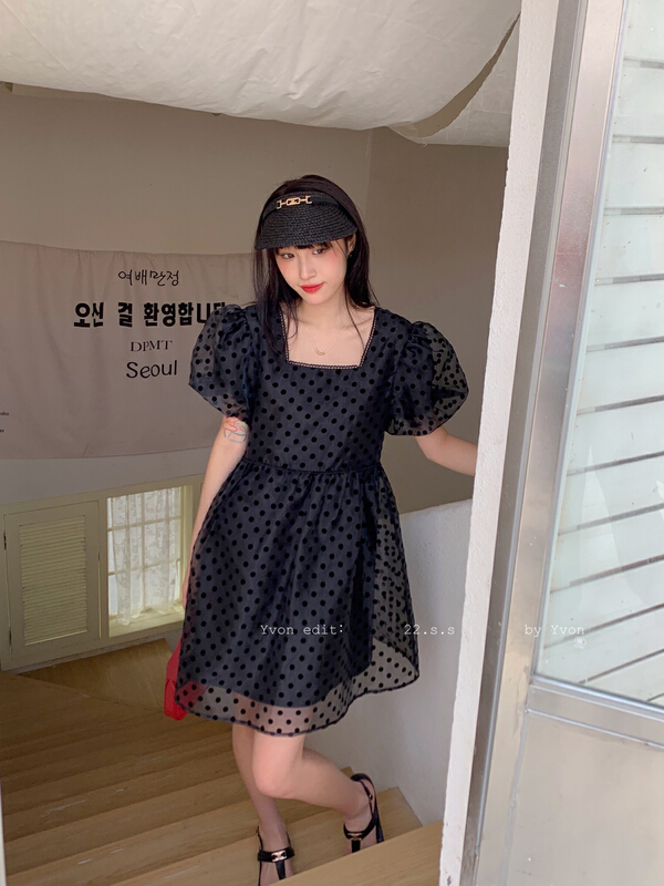 [Yiwan y.von] retro French princess skirt wave dot black and white fairy dress k8125# XJ