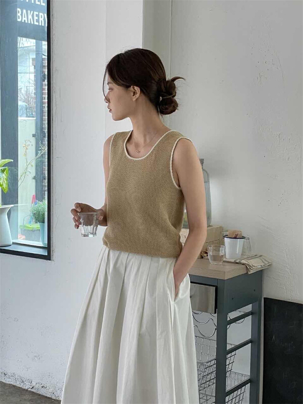 [the nice] contrast lace knitted ice silk vest / sling 00306# hjy