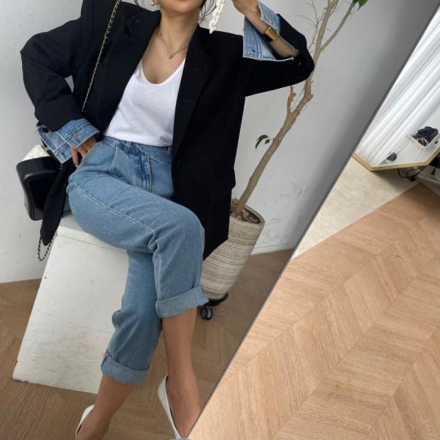 New in early summer! [four seasons] high waist slim personality diagonal buckle Harlan jeans 6057# LSL