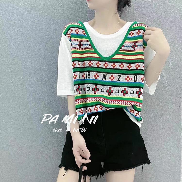 [pamini] Vintage fake two-piece crew neck loose aging T-shirt 8840# Cl