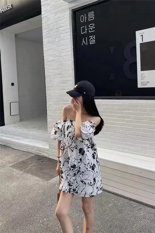 New in early summer! [Yan Zhen] temperament one shoulder bubble sleeve Printed Dress 52116# PCZ