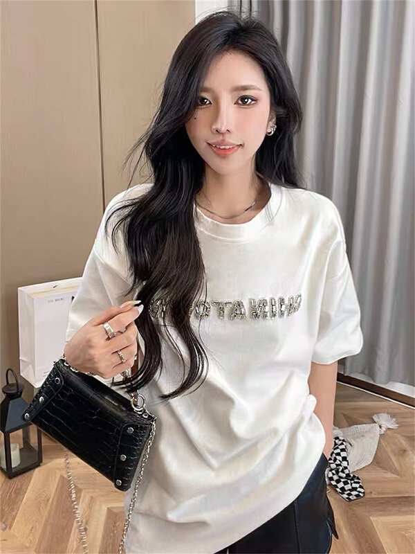 New in early summer! [Shanzhu] Korean round neck letter hot drill short sleeve T-shirt 189# XYY