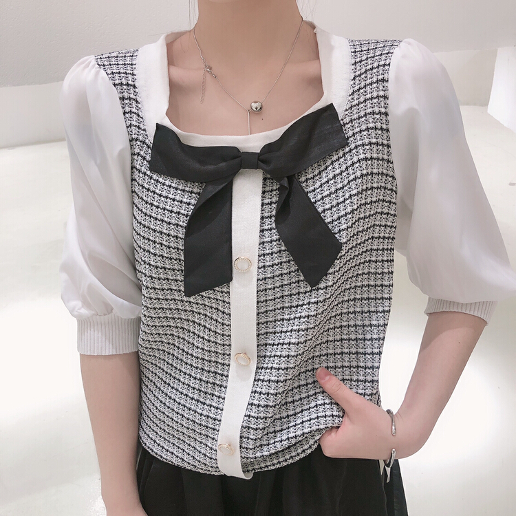 [S.J] French style collarbone exposed temperament square neck stitched small fragrance sweater (non detachable bow) 6790# LSW