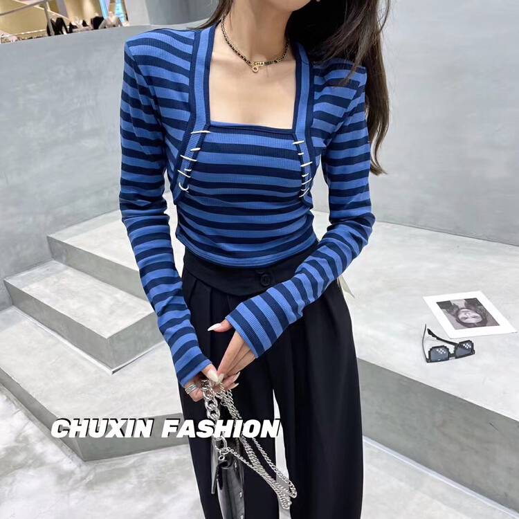 goods in stock! New year in early spring! [c.x Chuxin] minority French square neck striped sweater 6050# WTT