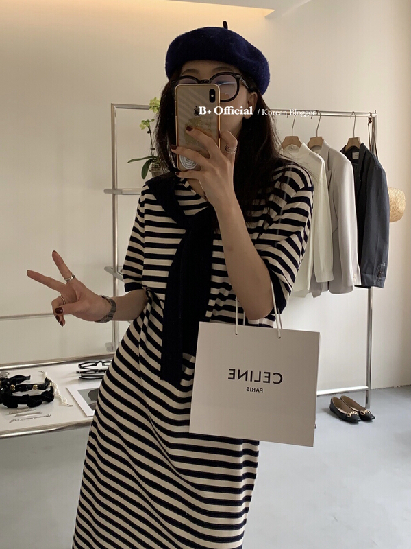 New year in early spring! [B plus] Korean mosaic hat stripe medium length dress 22-909-2# HBx