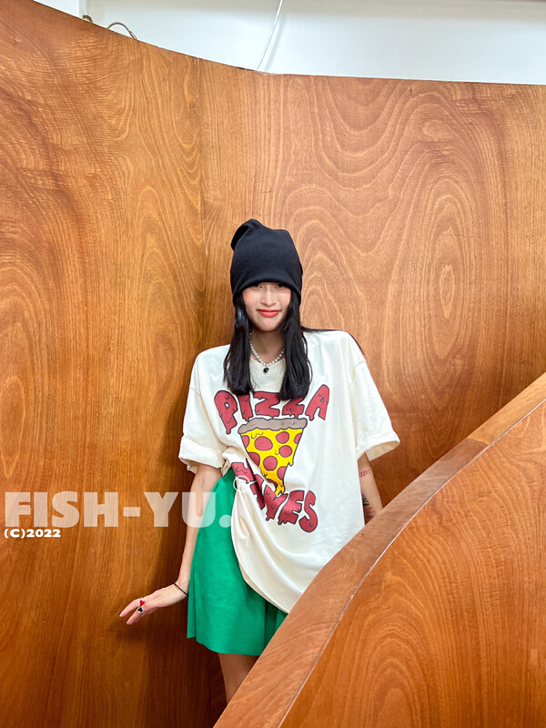 [fish Yu] pizza alphabet printed short sleeve T-shirt 22199# LSL