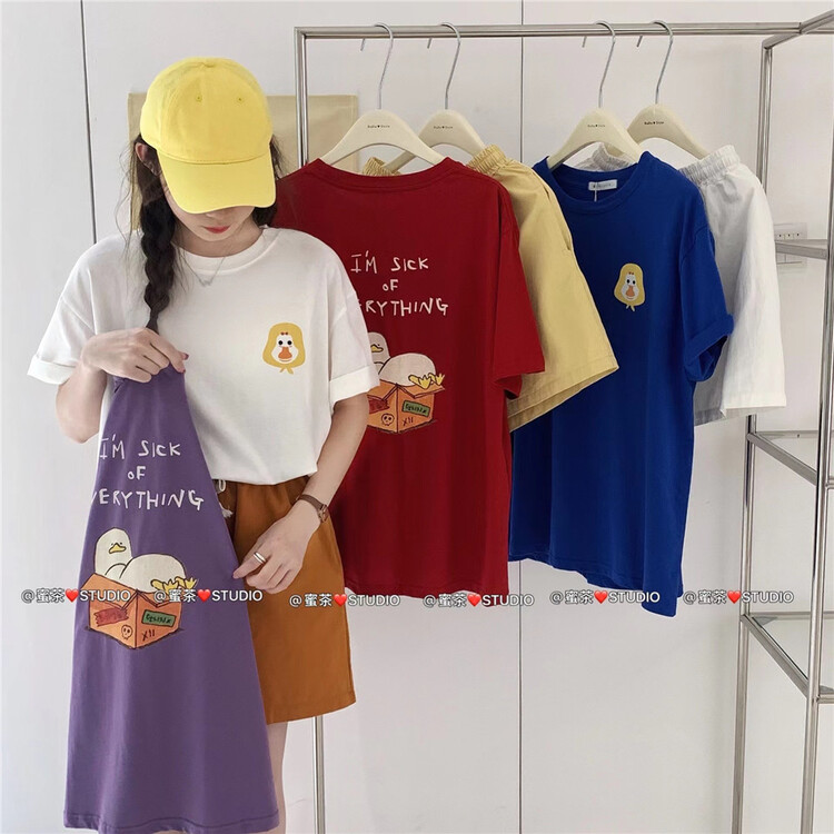 [honey tea] Korean versatile cute duck print short sleeve T-shirt 37018# LSL