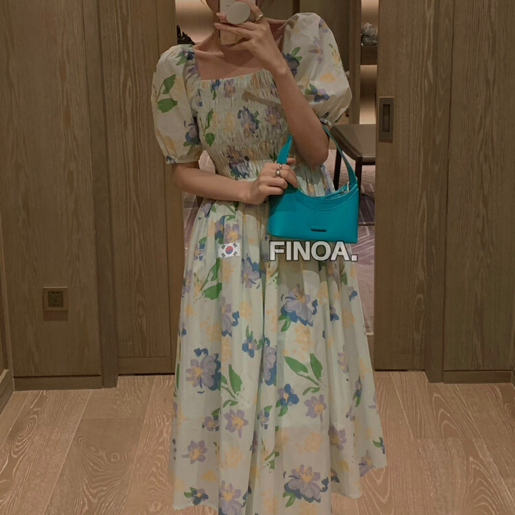 New in early summer! [Olive & Jo] Korean print simple and elegant broken flower elastic cable dress (square neck, one-sided shoulder) 1073# CLS