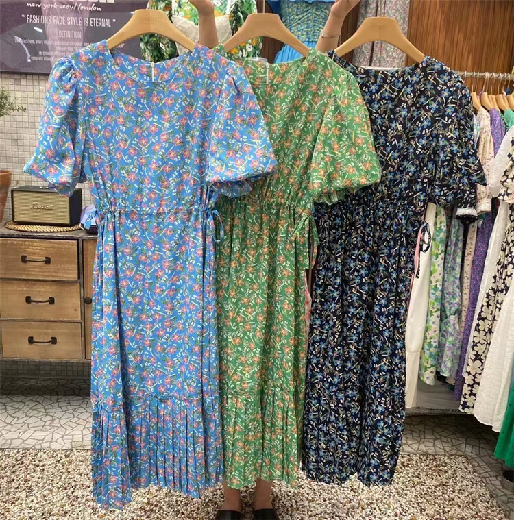 [suzybubble] drawstring floral hem Pleated Dress 913# WPL