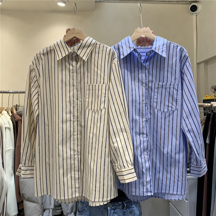 New year in early spring! [free Valley] Korean stripe loose medium length shirt 4646# LSW