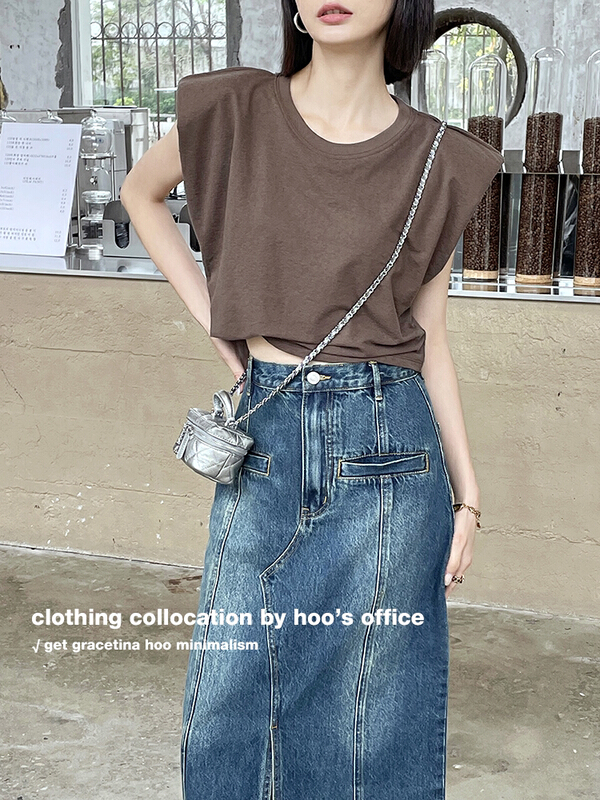 New in early summer! [gracetina Hoo] silhouette shoulder pad sleeveless short sleeve T-shirt t3118# zxl
