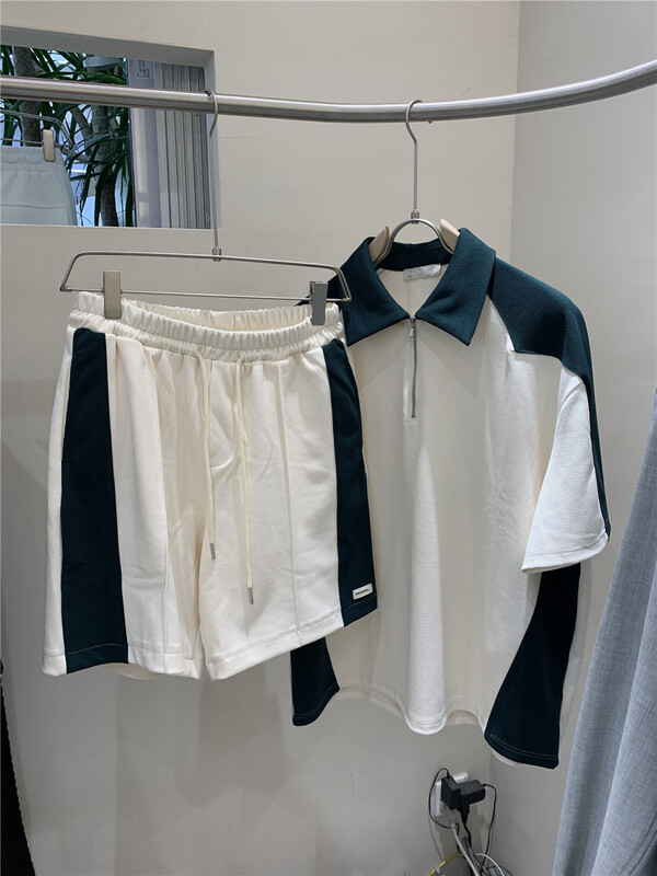 New in early summer! [MF] loose color matching polo shirt + comfortable casual shorts two piece suit 6359-1# ZZL