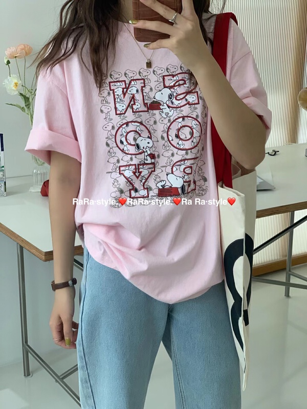 New year in early spring! [rara] Korean cartoon Snoopy print loose short sleeve T-shirt 79018# LSL