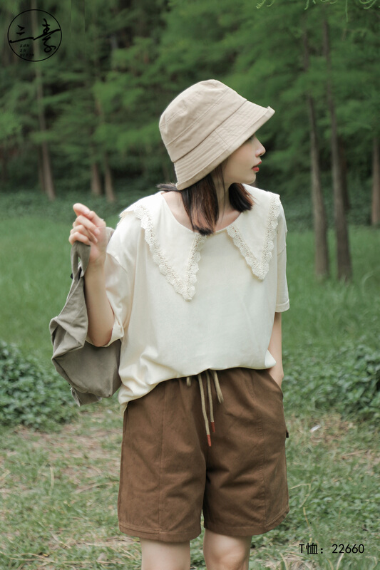 [original of three vegetarian clothes] simple temperament casual loose short sleeve T-shirt 22660# XYJ
