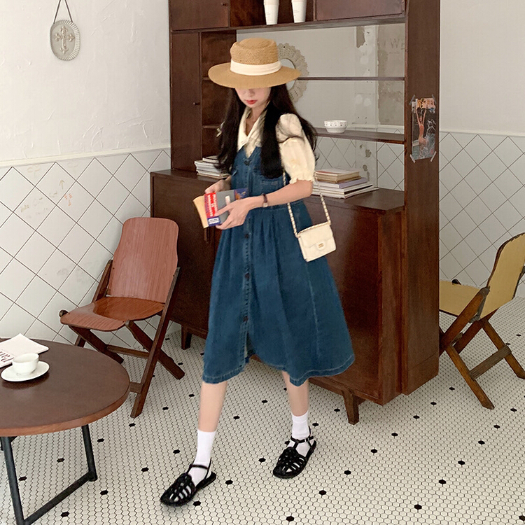 New year in early spring! [timely rain] Han Feng ins retro washed jeans thin suspender skirt b8721# jhy
