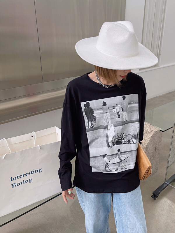 Original price 66.55! New in early summer! [YJ. Simple] crew neck loose Print Long Sleeve T-shirt 933# ozq