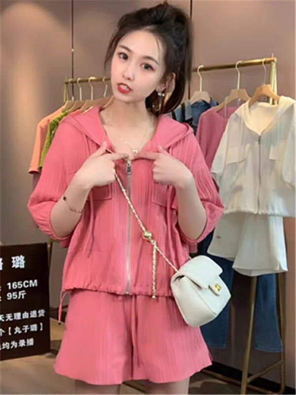 [Huaxi] pleated Hoodie short sleeve jacket + elastic waist casual Shorts Set 9048# PCZ