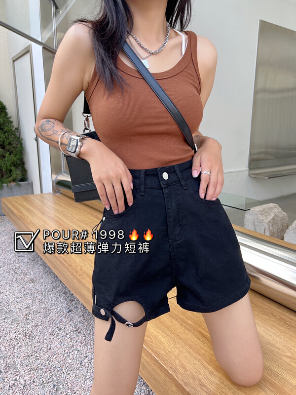 [pour one] Korean version simple and versatile elastic denim shorts p1998# L