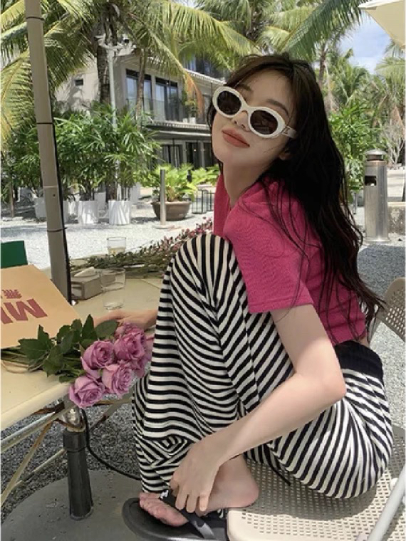 [Kiki studio] straight tube wide leg striped casual pants 5817# hjy