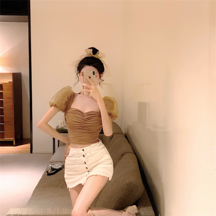 [CTH] hot girl double-layer mesh bubble sleeve waist closing slim shirt (only selling small shirts) 8803# cqw