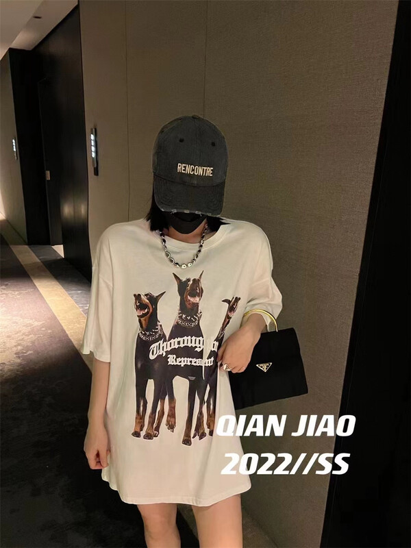 [QIANJIAO] fashion Dog Print fashion short sleeve T-shirt (excluding necklace) 6886# PCZ