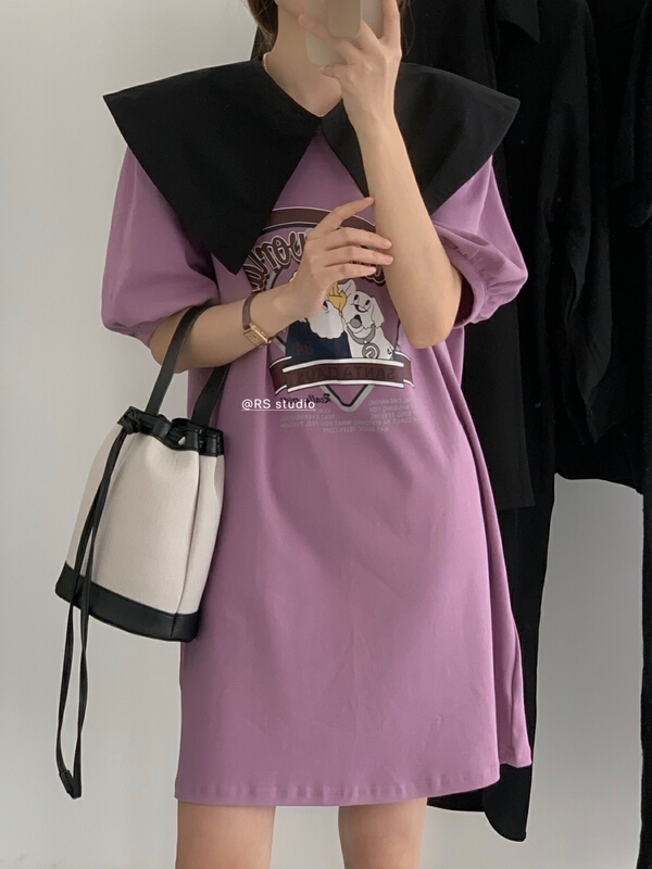 [RS] Korean doll neck printed versatile dress (with detachable collar) rs1696# XYY