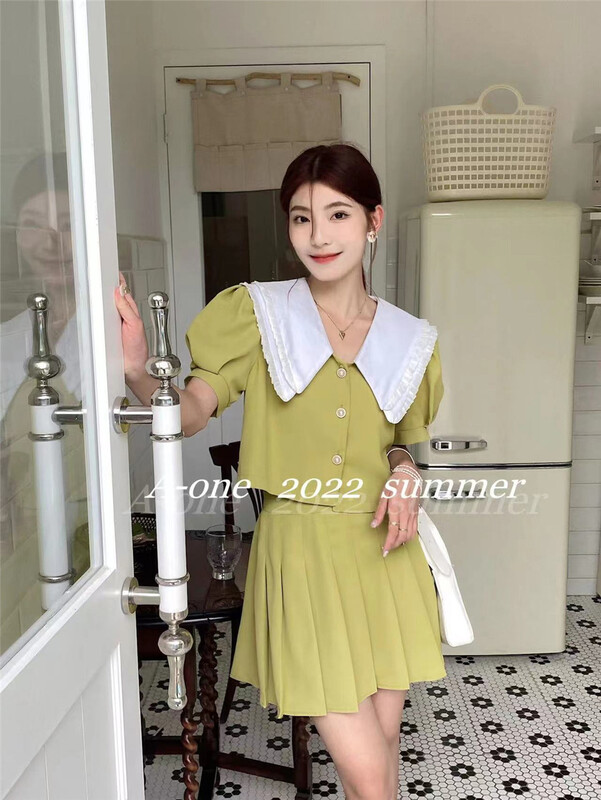 [A-One] Korean doll collar shirt + high waist solid color skirt suit 22128# hjy