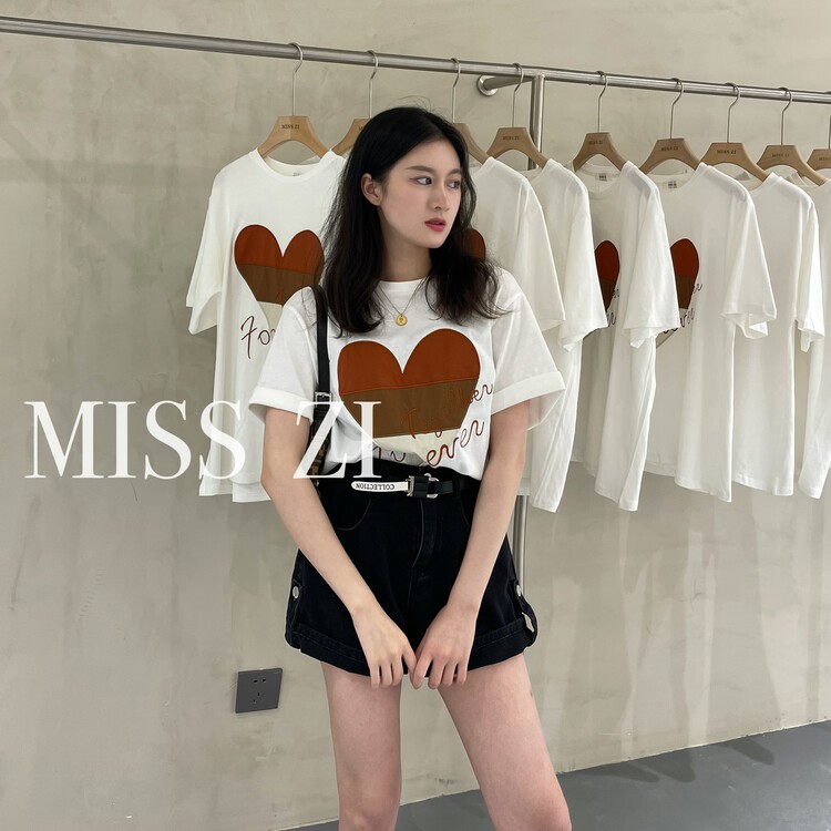 [miss Zi] Korean love gradient loose short sleeve T-shirt 2367# cqw