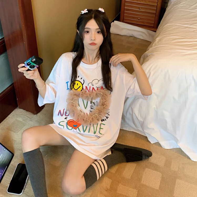 [miss Xi Xi] love lace stitching letter printing loose short sleeve T-shirt 1382# Cl