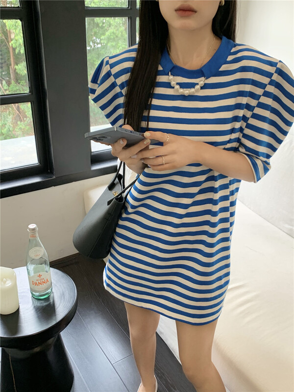 [aenna] Korean stripe loose bubble sleeve chain decoration short sleeve T-shirt 8213# cqw