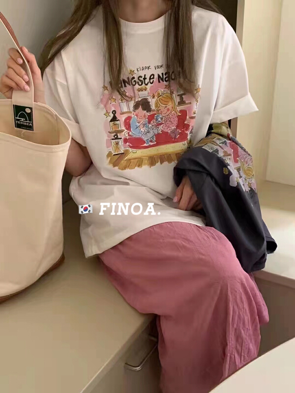 [olive] Korean casual cartoon printed short sleeve T-shirt 1136# CLS
