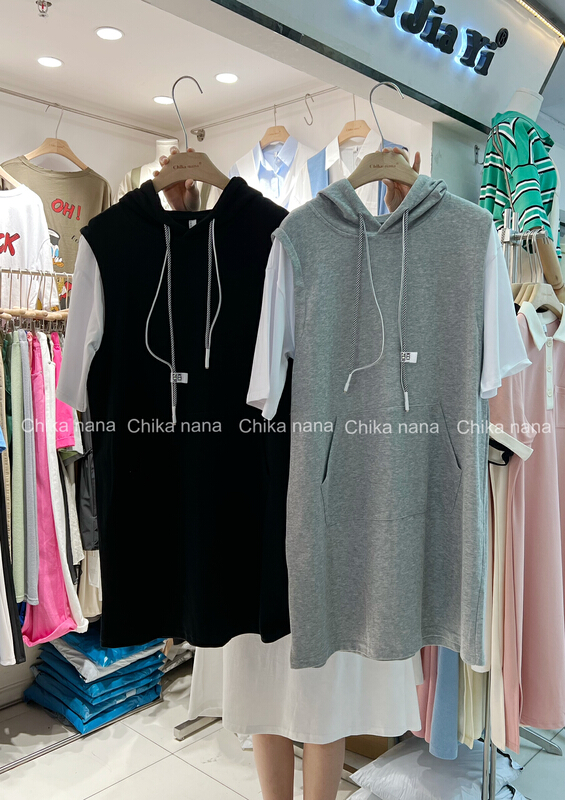 [Yi Jia Yi] Korean casual loose fake two piece Hooded Dress k6622# cqw