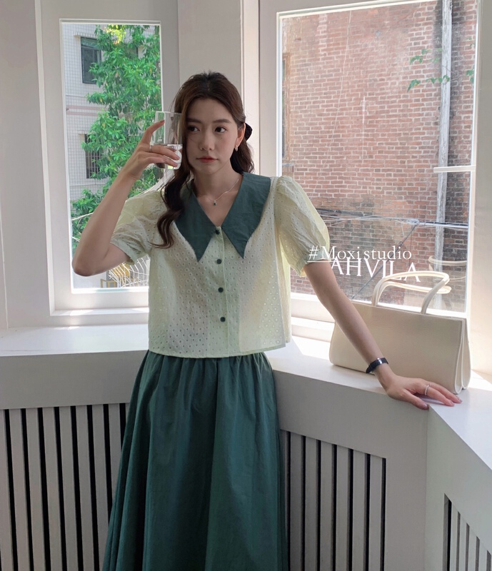 [Moxi] Korean contrast Lapel bubble sleeve shirt 6803# XJ
