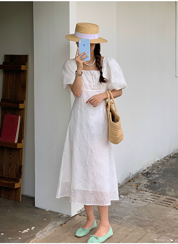 [the mind] Korean jacquard square neck bubble sleeve dress 60317\xyj