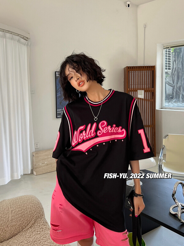 [fish Yu] three dimensional foaming letter printing fake two-piece ball suit short sleeve T-shirt 22159# LSL