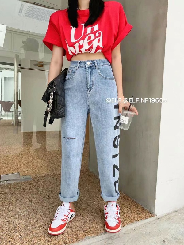 [x2 square] letter printed high waist jeans 1960# ll
