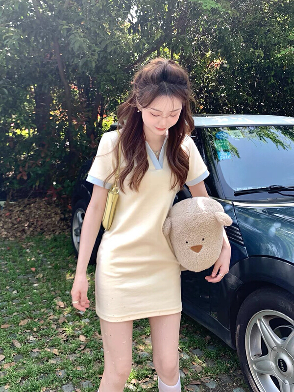 [by] age reducing, sweet, waist closing, thin, color matching polo collar dress 7095-1# Cl
