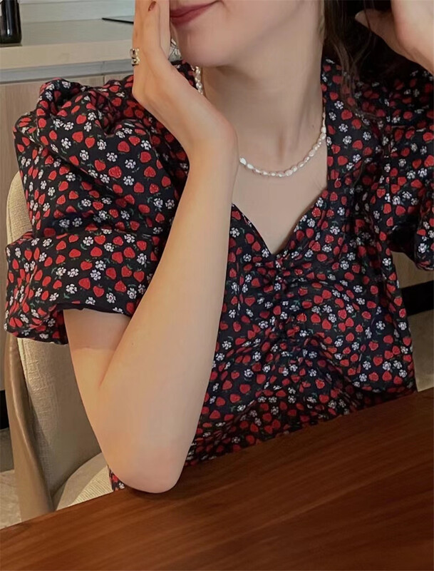 [Wo +] Korean V-neck floral drawstring shirt 22576# zxx