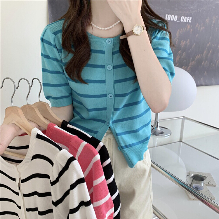 [f · P] crew neck simple stripe short sleeve knit cardigan 98083# HBx