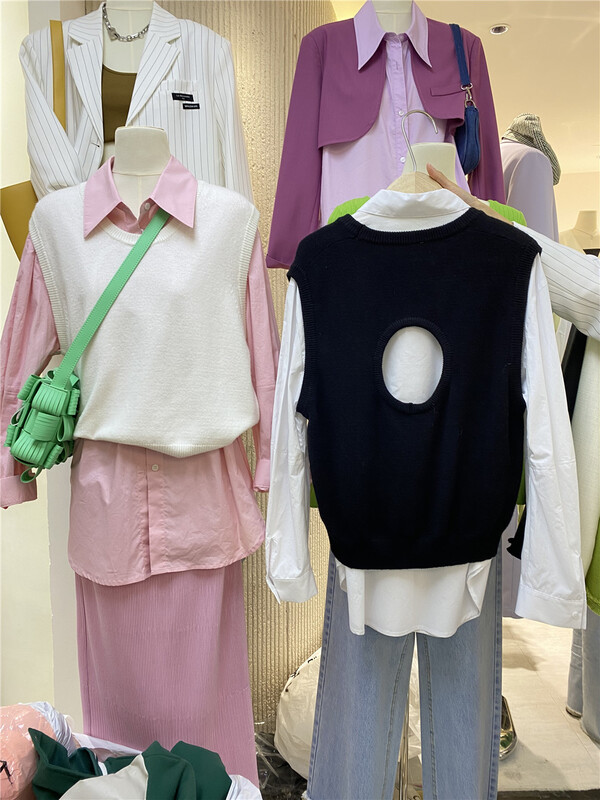 [hi candy] Korean versatile round neck Knitted Vest + clean color shirt set 8108# lwy