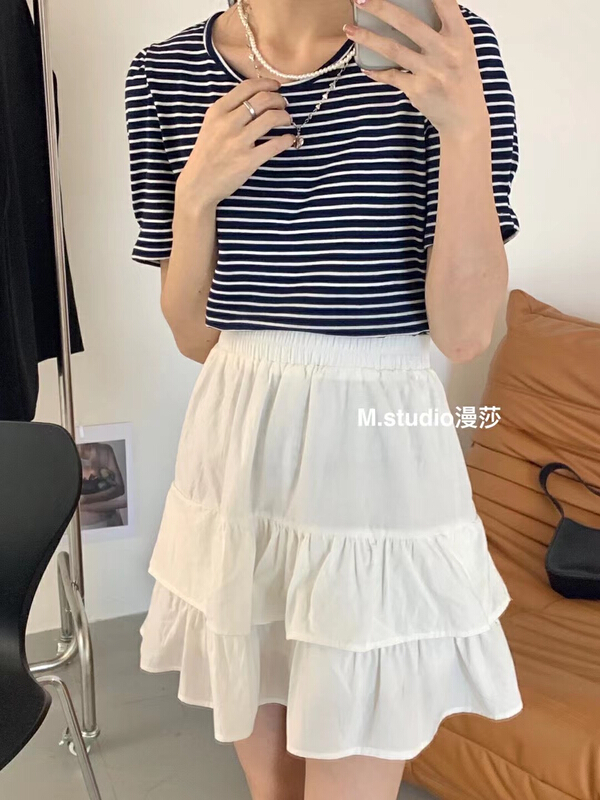 [MSTUDIO MANSA] simple and versatile stripe short sleeve + Korean slim solid color skirt set (with pearl chain) t062# ll
